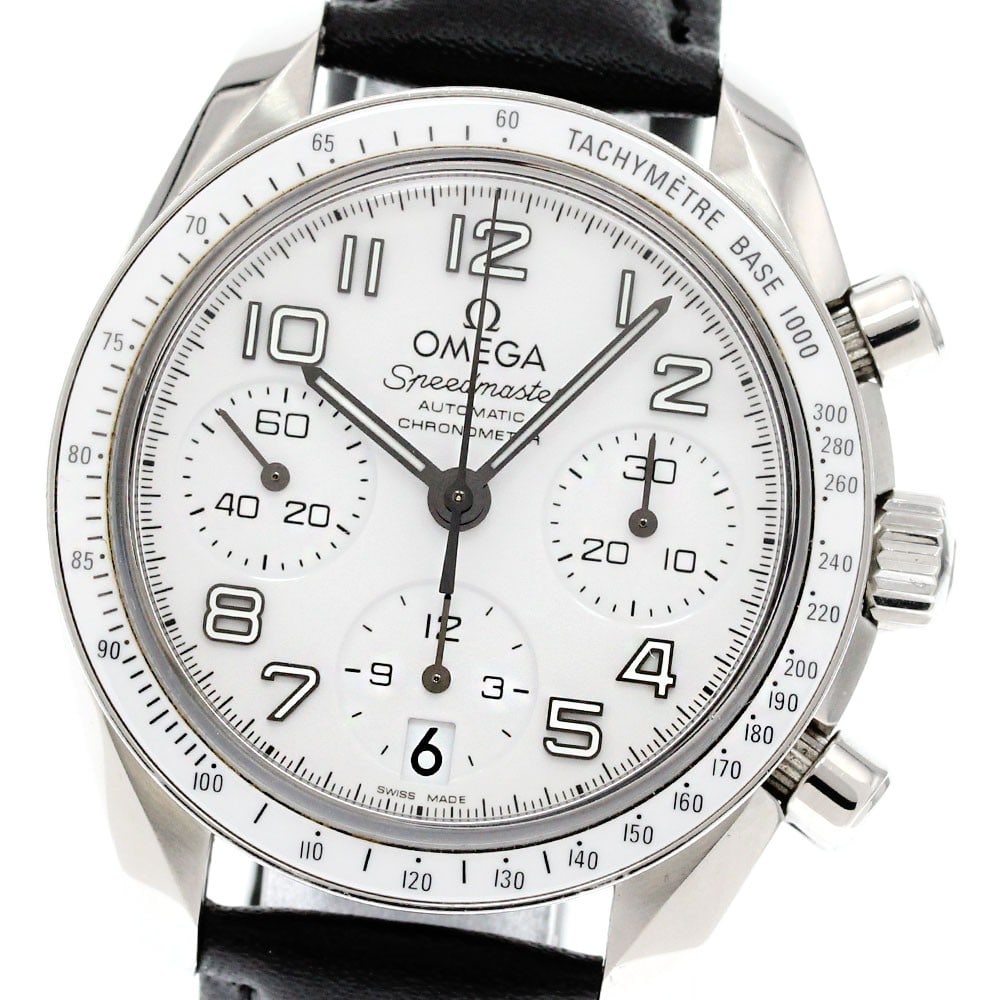 OMEGA Speedmaster Date 324.33.38.40.04.001 Ladies Chronograph Wristwatch: OMEGA Speedmaster Date 324.33.38.40.04.001 Ladies Chronograph Wristwatch Pre-owned Omega Speedmaster ladies wristwatch with a stainless steel case, white dial, and automatic movement. This chronograph