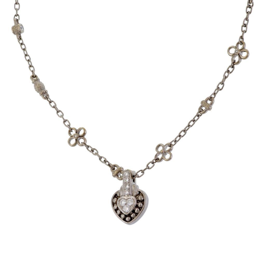 Judith Ripka 18k White Gold Heart Pendant Necklace with Diamonds: Judith Ripka 18k White Gold Heart Pendant Necklace with Diamonds This exquisite necklace by Judith Ripka is a stunning piece crafted from 18k white gold featuring a textured finish. The heart-shaped p