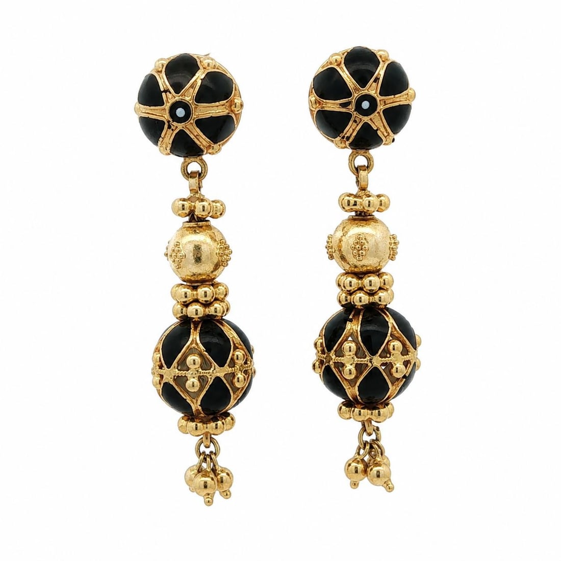 Unbranded 22k Yellow Gold Dangle Earrings with Black Enamel Tassels: Unbranded 22k Yellow Gold Dangle Earrings with Black Enamel Tassels Vintage dangle tassel earrings crafted in solid 22k yellow gold with black enamel and beading work. Designed for pierced ears, they 