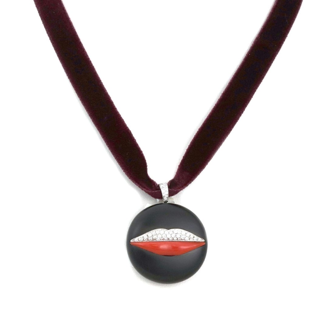Bvlgari Enigma Lips Pendant Necklace 18k White Gold Coral Jet Diamond (1 of 7)