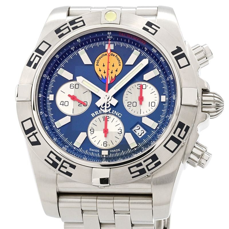 Breitling AB01109E C886 Chronomat 44 Patrouille de France Watch: Breitling AB01109E C886 Chronomat 44 Patrouille de France Watch Pre-owned Breitling Chronomat 44 Patrouille de France wristwatch with automatic movement and a blue dial. This men's watch has been over