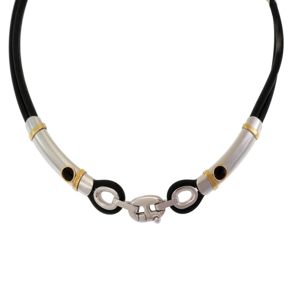 Baraka 18k Two Tone Gold Black Rubber Collar Necklace: Baraka 18k Two Tone Gold Black Rubber Collar Necklace Elevate your style with this stunning collar necklace by Italian designer Baraka. Crafted from authentic 18k yellow and white gold, this piece