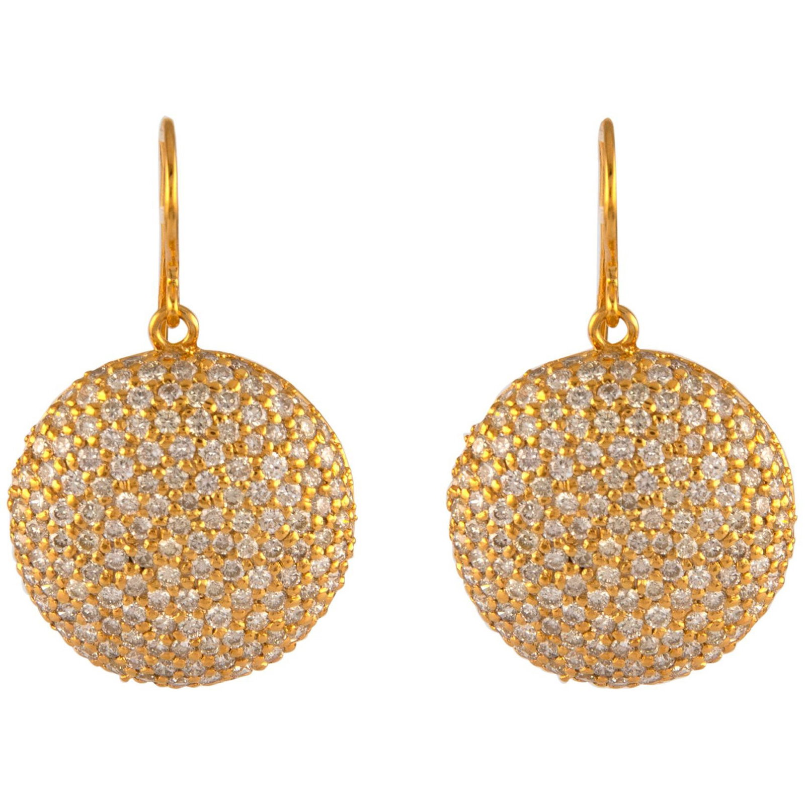 5.87ct Diamond Pave Earrings in 18k Yellow Gold: 5.87ct Diamond Pave Earrings in 18k Yellow Gold These exquisite domed pave earrings feature a stunning arrangement of 318 round brilliant diamonds totaling 5.87 carats, showcasing their incredible spa