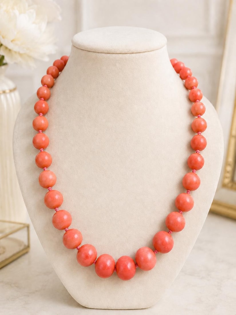 GIA Certified Natural Coral Bead Strand Necklace 19 In Pinkish Orange: GIA Certified Natural Coral Bead Strand Necklace 19 In Pinkish Orange Antique graduated coral strand necklace featuring 44 natural genuine coral beads in a rich pinkish orange color. The beads are str