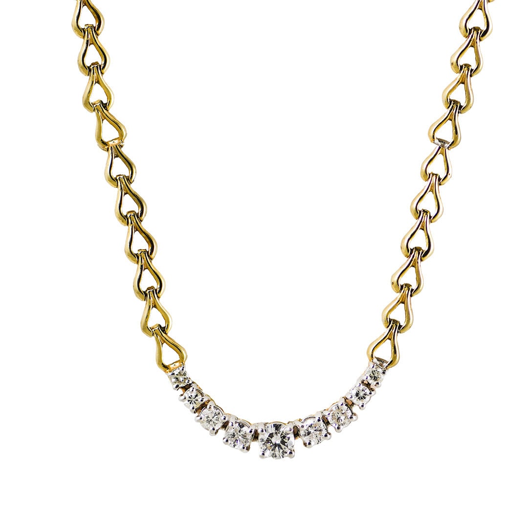 14K Yellow Gold Diamond Link Necklace 14.5 Inch Channel Set: 14K Yellow Gold Diamond Link Necklace 14.5 Inch Channel Set This elegant necklace is crafted from 14k yellow gold and features round brilliant cut natural diamonds with a total carat weight between 1.