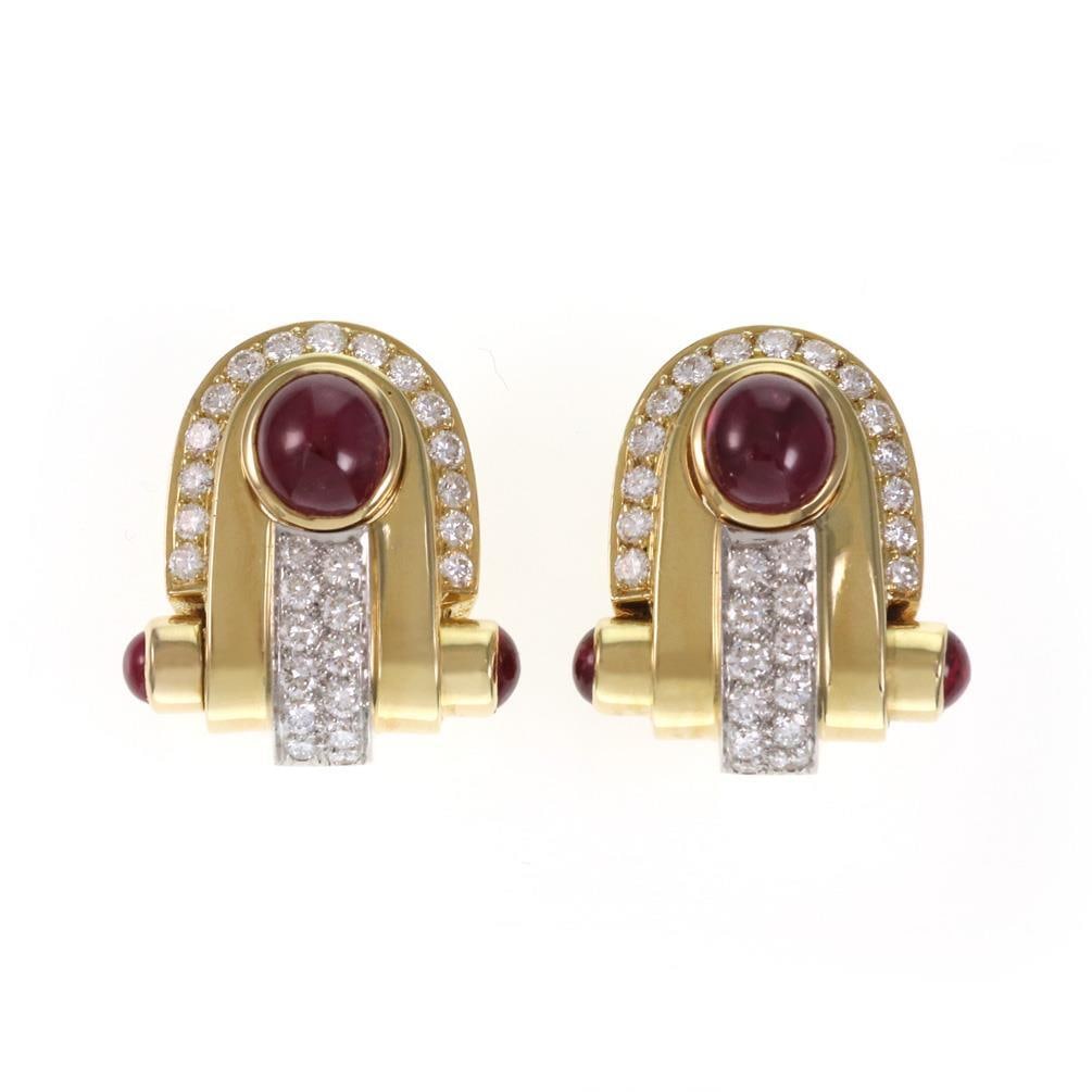 Estate 8 Carat Cabochon Ruby Diamond Earrings 18k Gold: Estate 8 Carat Cabochon Ruby Diamond Earrings 18k Gold Elevate your style with this stunning pair of estate earrings, expertly crafted from 18k yellow and white gold with a polished finish. Each earri