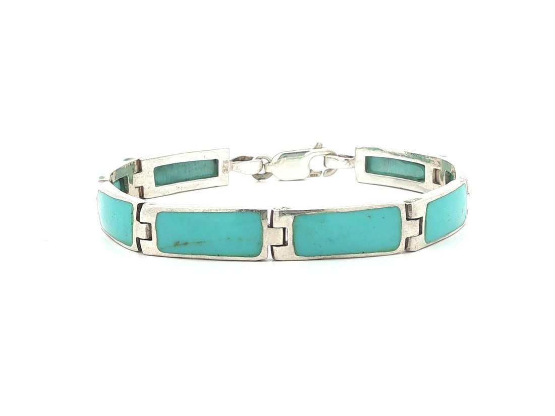 Turquoise Inlaid Sterling Silver Panel Link Bracelet Lobster Clasp (1 of 6)