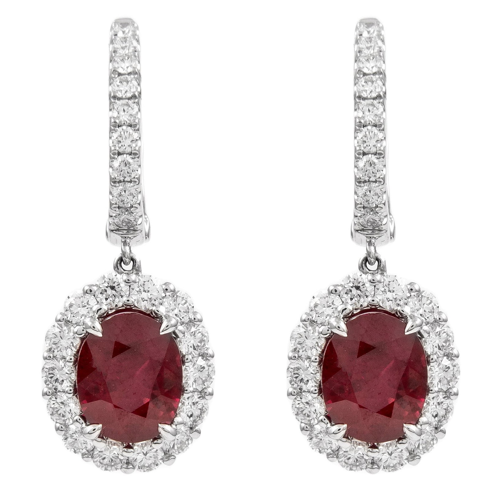 4.91ct Oval Burmese Ruby Diamond Earrings 18k: 4.91ct Oval Burmese Ruby Diamond Earrings 18k Discover the elegance of these stunning drop earrings featuring GIA certified 4.91 ct oval Burmese rubies, beautifully complemented by 46 round brilliant 