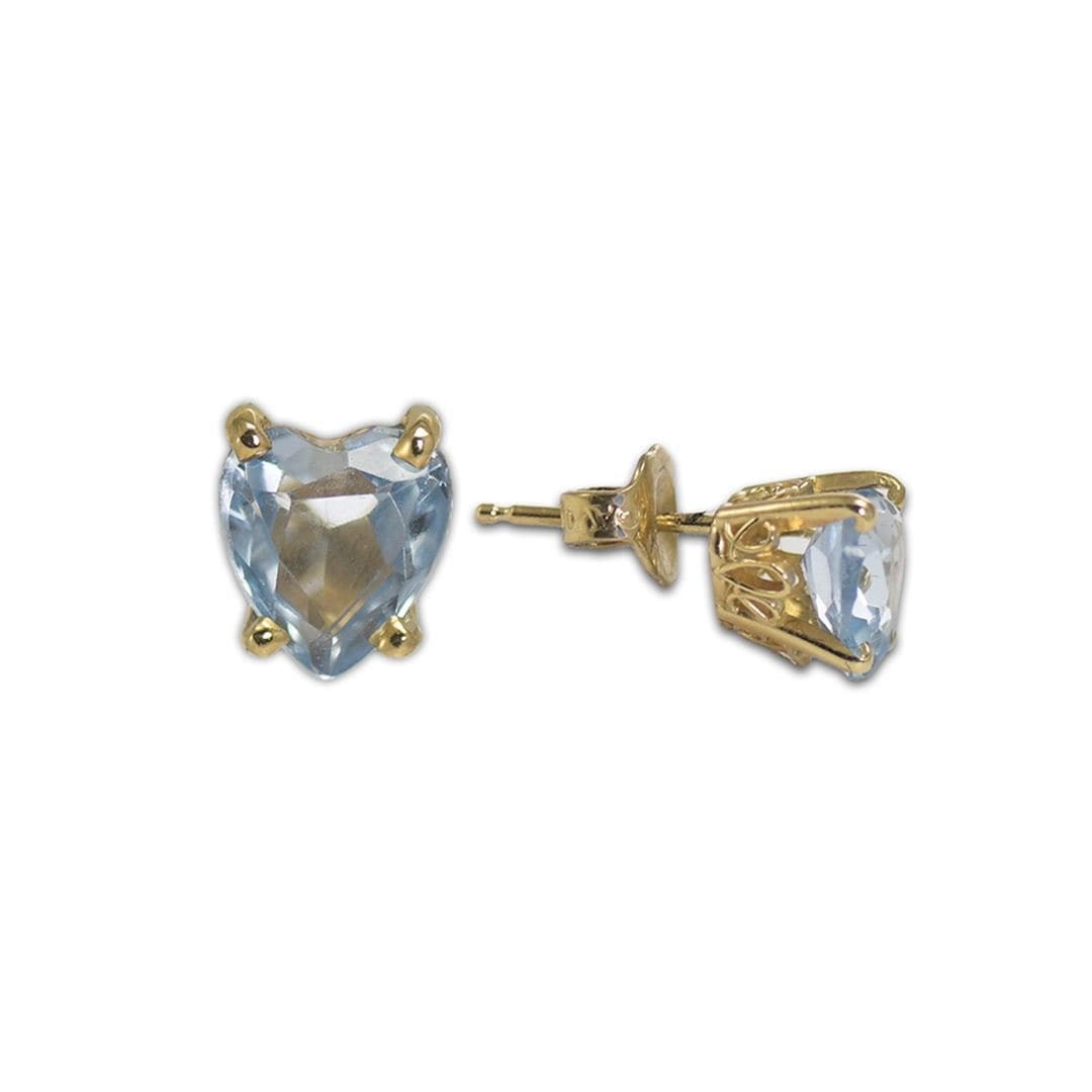 14K Yellow Gold Heart Spinel Stud Earrings Screw Back: 14K Yellow Gold Heart Spinel Stud Earrings Screw Back These earrings feature heart-shaped light blue synthetic spinel stones set in 14k yellow gold mountings. Each stone measures 7 x 6 mm and is lab-c