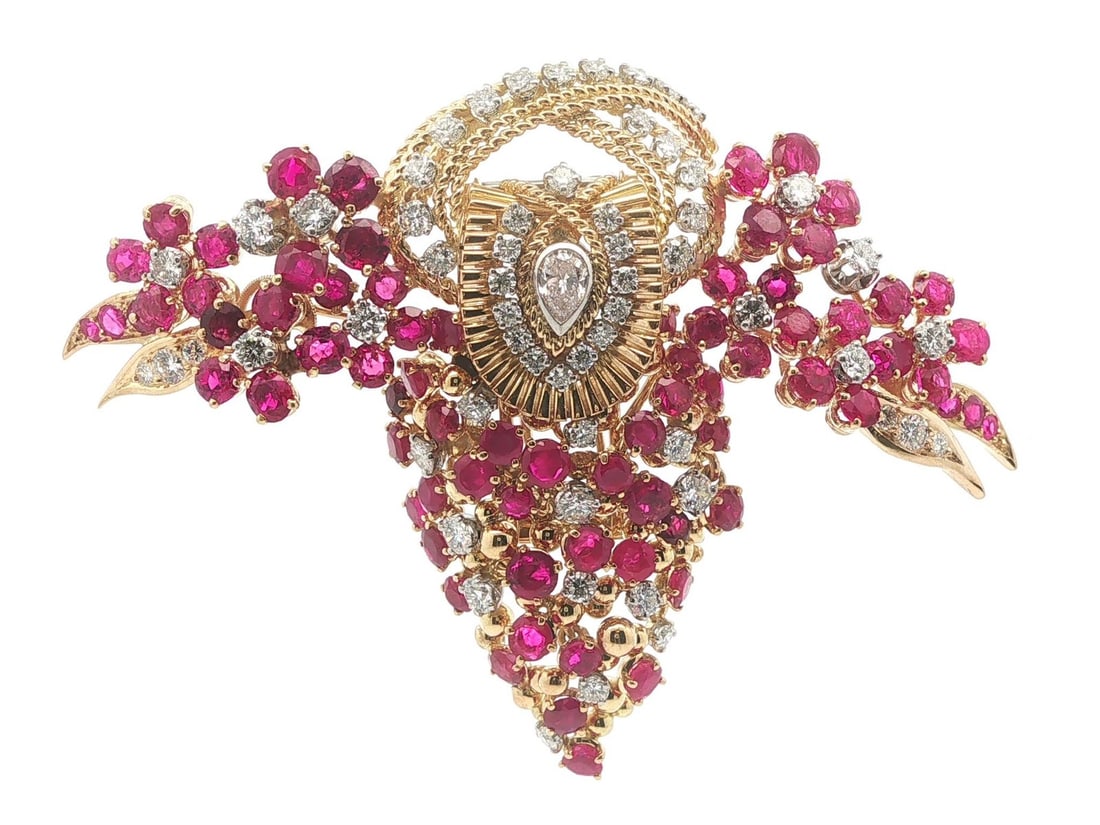 GIA Burma No Heat Ruby Diamond French Brooch Pin: GIA Burma No Heat Ruby Diamond French Brooch Pin This exquisite French brooch features 74 natural, round-cut rubies from Burma, displaying a purplish red hue with no indications of heat treatment, as 