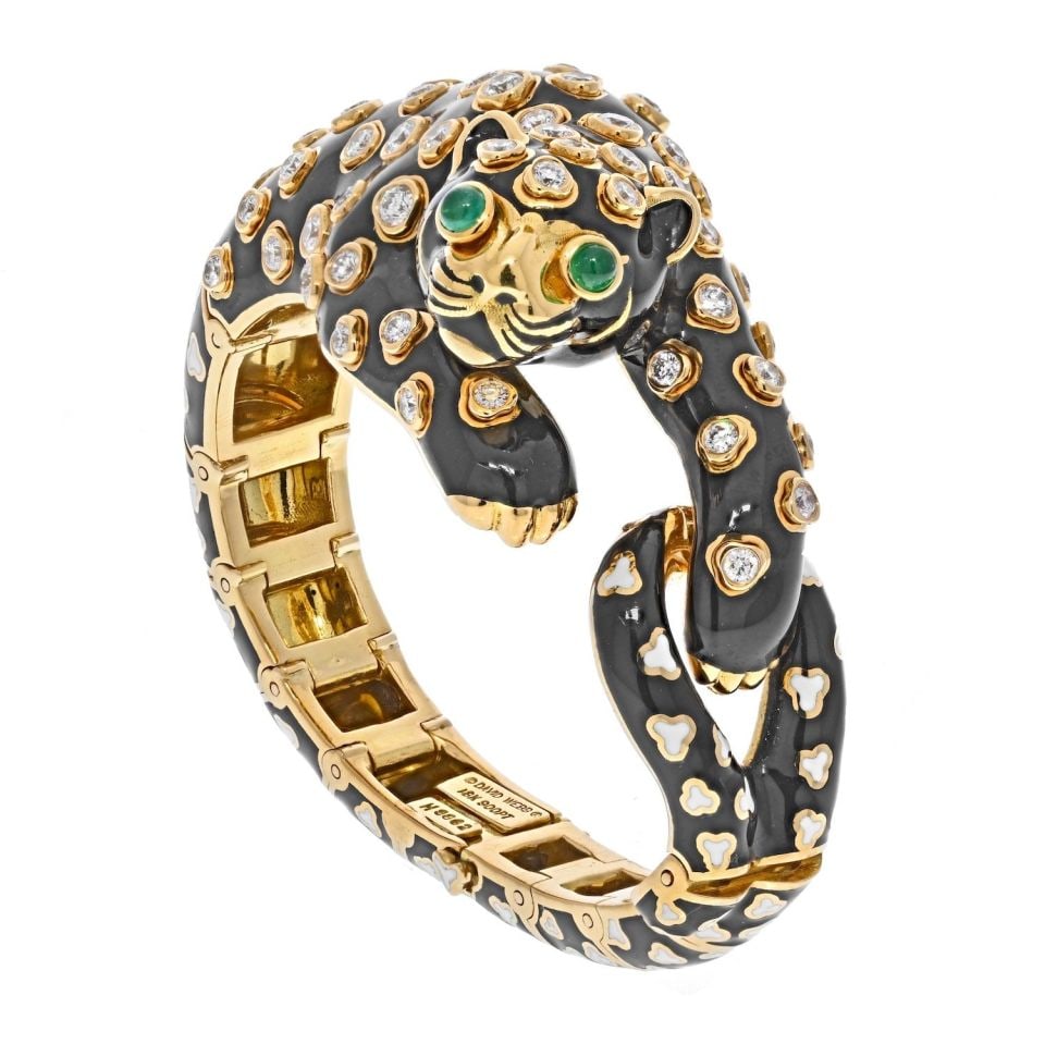 David Webb Enamel Diamond Emerald Leopard Bracelet Platinum Yellow Gold (1 of 4)