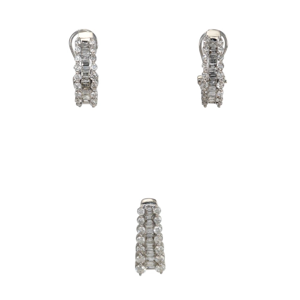 Diamond Jewelry Set in 14K White Gold Earrings and Pendant 1.50 ctw: Diamond Jewelry Set in 14K White Gold Earrings and Pendant 1.50 ctw Matching ladies' diamond earrings and pendant set in 14k white gold. This pre-owned jewelry set features natural diamonds in round b