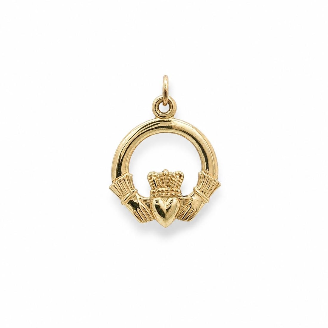 Petite Claddagh Pendant in Vintage 14k Yellow Gold: Petite Claddagh Pendant in Vintage 14k Yellow Gold Vintage Irish petite Claddagh charm pendant crafted in solid 14k yellow gold. This unisex pendant features a classic Claddagh design with no stone. O