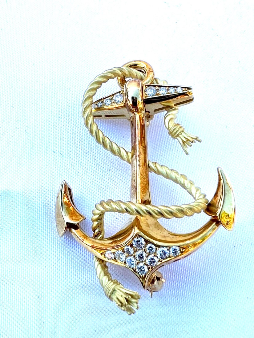 French 18K Yellow Gold Diamond Brooch Necklace Signed 0.50 ct (1 of 10)
