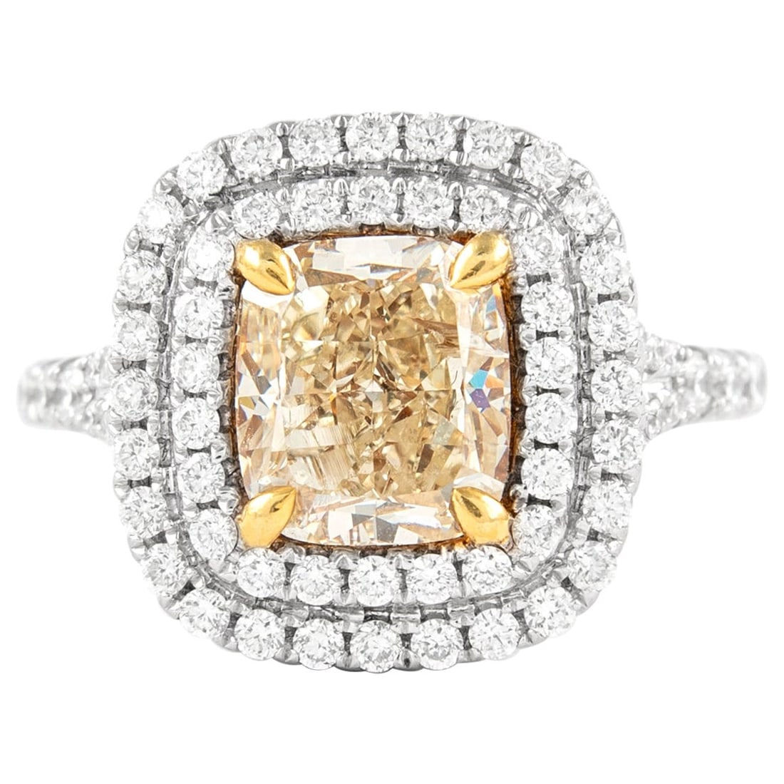 2.51ct Fancy Yellow Diamond Halo Ring 18k Gold EGL Certified: 2.51ct Fancy Yellow Diamond Halo Ring 18k Gold EGL Certified This exquisite 2.51ct Fancy Yellow Diamond Double Halo Ring features a stunning cushion cut yellow diamond at its center, surrounded by a d
