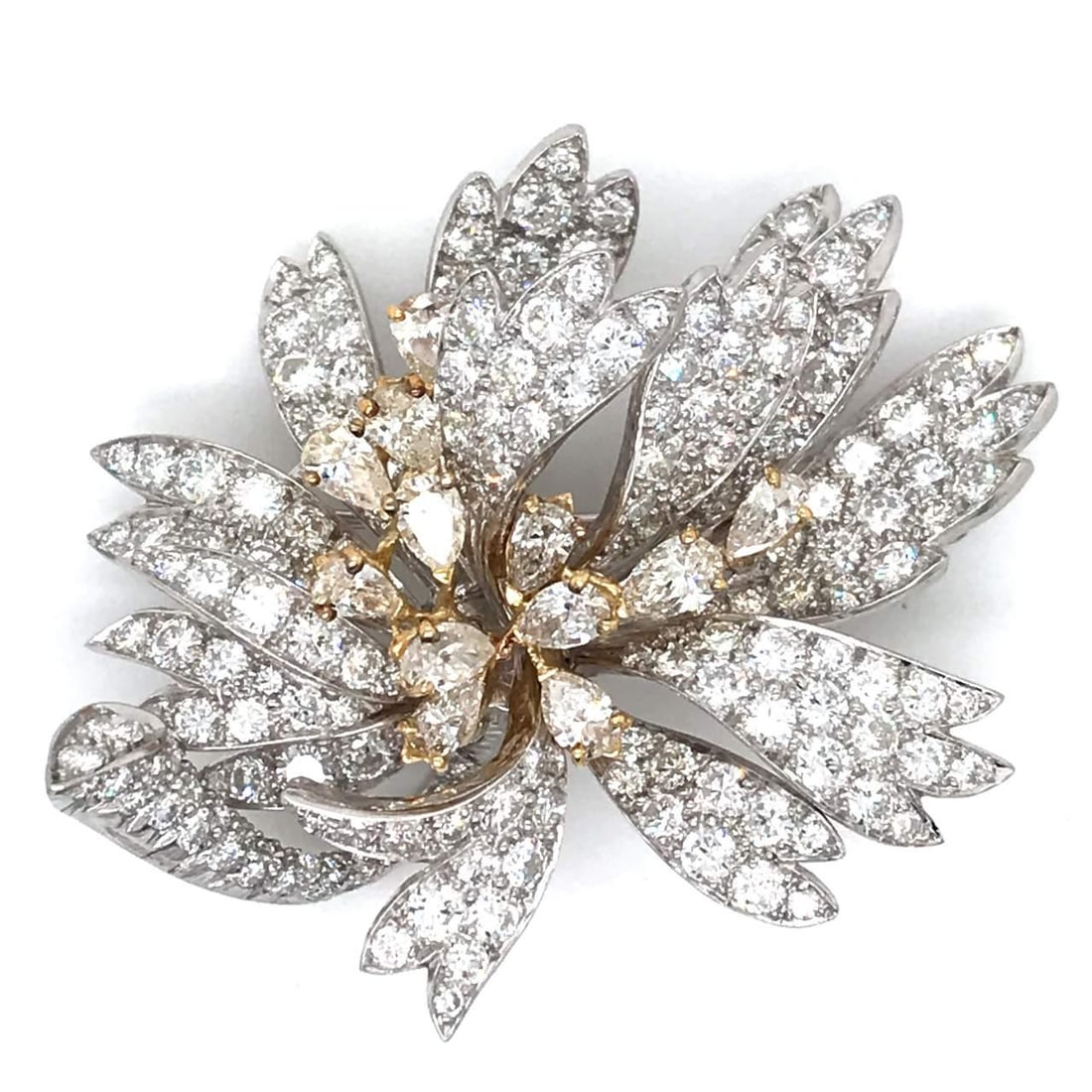 13 Ct Diamond Pin in 18K Yellow Gold and Platinum: 13 Ct Diamond Pin in 18K Yellow Gold and Platinum This stunning 13.00 Ct Diamond Pin features a captivating arrangement of 12 pear-shaped diamonds totaling approximately 2.75 Ct and 185 round diamonds