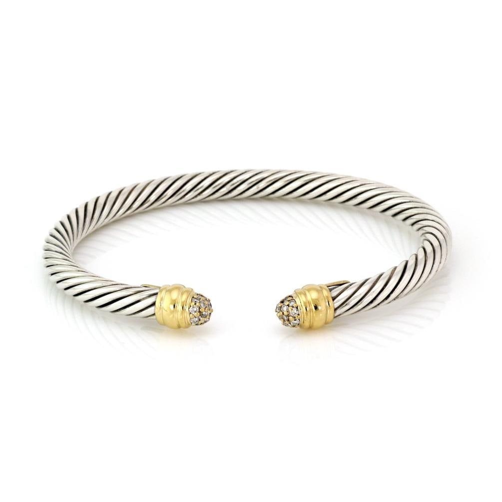 David Yurman Cuff Bracelet Diamond Sterling Silver 18k Yellow Gold Knobs: David Yurman Cuff Bracelet Diamond Sterling Silver 18k Yellow Gold Knobs Discover the elegance of this authentic David Yurman cuff bracelet, expertly crafted from sterling silver and accented with 18k