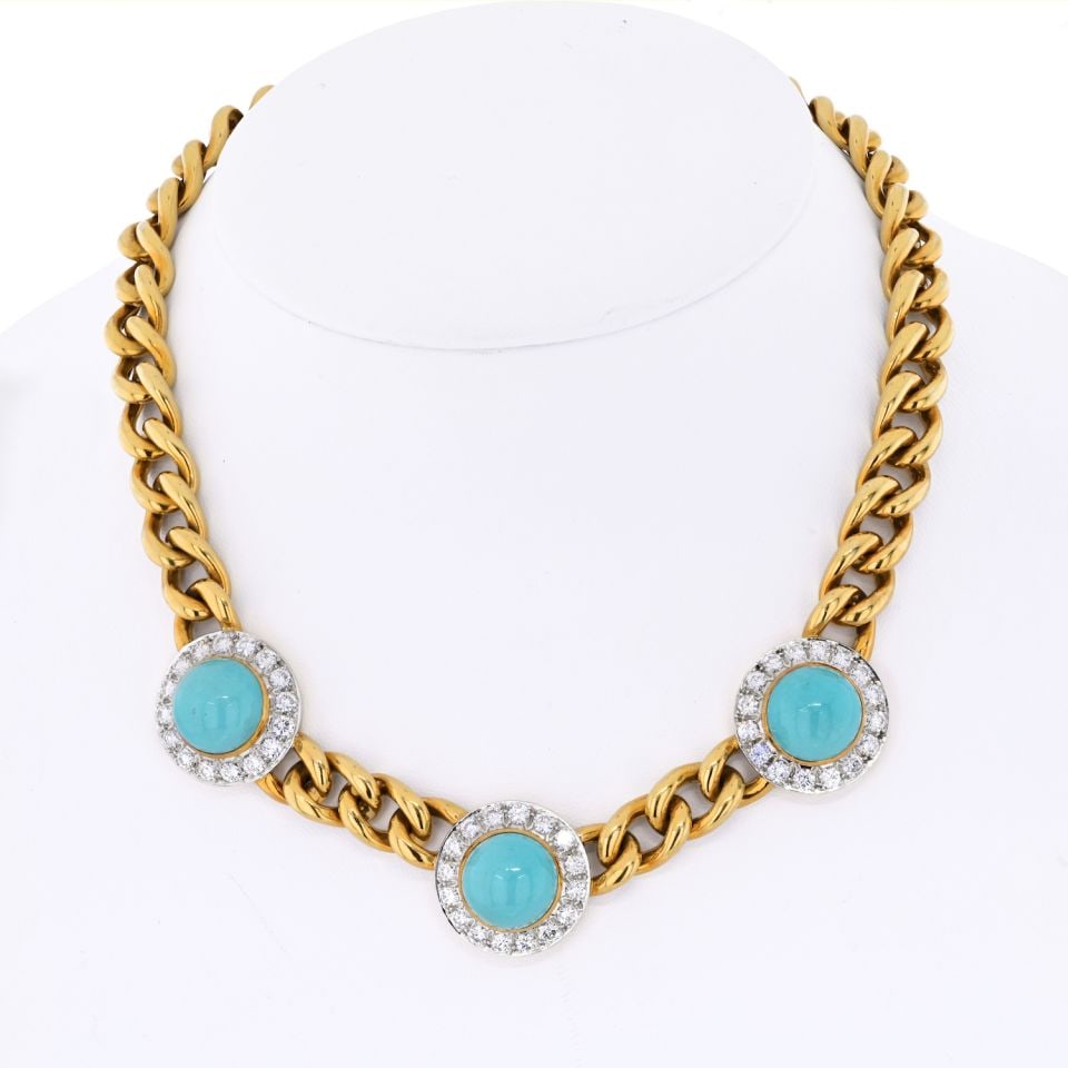 18K Yellow Gold Necklace with Three Turquoise and Diamond Stations: 18K Yellow Gold Necklace with Three Turquoise and Diamond Stations This turquoise and diamond necklace is crafted in 18K yellow gold and platinum. It features three cabochon turquoise stations, each e