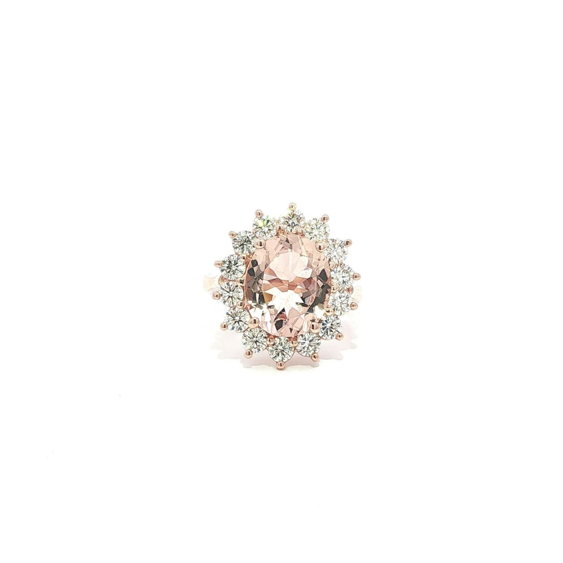 Unbranded Morganite Diamond Halo Cocktail Ring 14k Rose Gold 6.6ctw: Unbranded Morganite Diamond Halo Cocktail Ring 14k Rose Gold 6.6ctw This pre-owned cocktail ring features a natural genuine oval brilliant cut pink morganite in a prong setting, surrounded by a large 