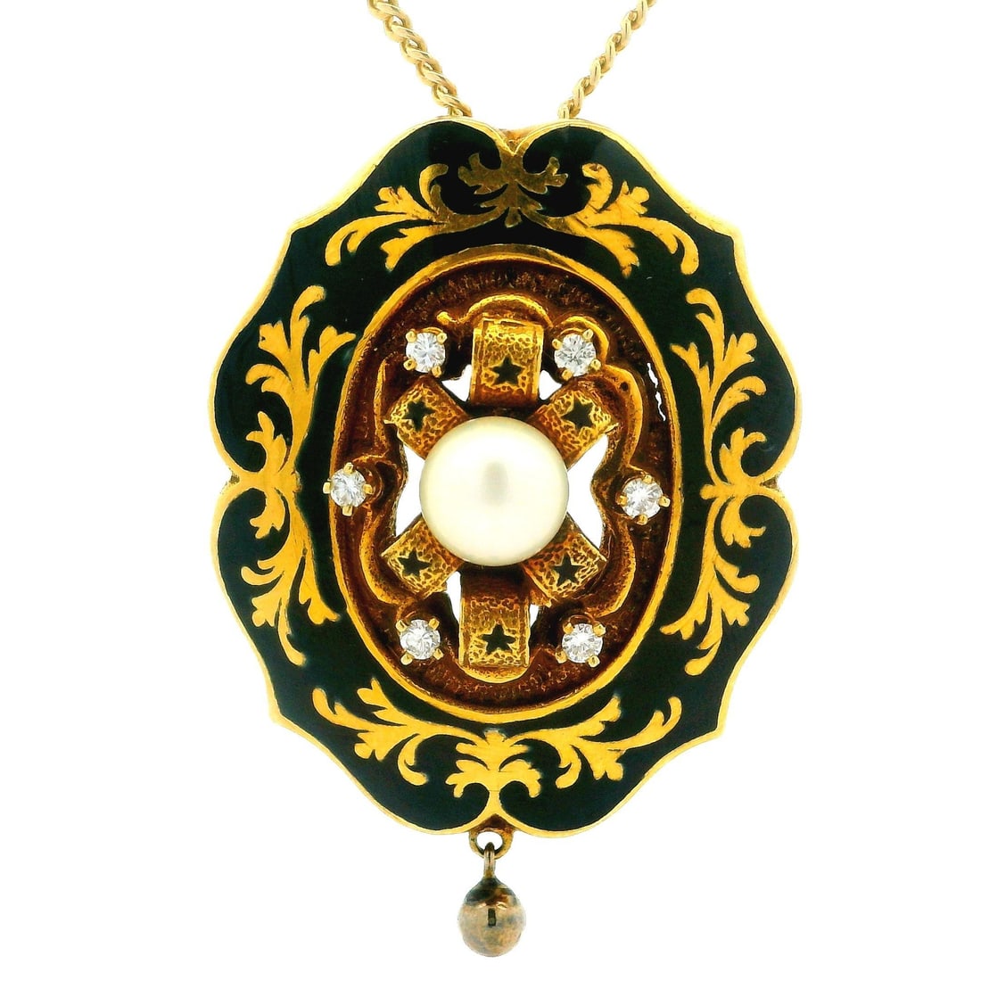 Victorian Revival 14k Gold Diamond Pearl Brooch Pendant with Black Enamel: Victorian Revival 14k Gold Diamond Pearl Brooch Pendant with Black Enamel This exquisite Victorian Revival brooch pendant showcases intricate gold foliage patterns, crafted in 14k yellow gold with bla