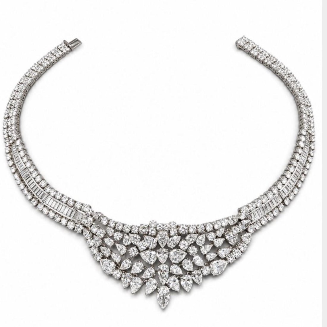 Platinum Diamond Necklace 68.50 Ct GAL Certified: Platinum Diamond Necklace 68.50 Ct GAL Certified Pre-owned platinum diamond necklace set with round, baguette, and pear-shaped diamonds. The diamonds have a total weight of 68.50 ct and include stones