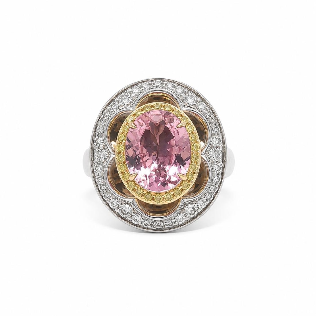 Unbranded Cocktail Ring 18k Two Tone Gold GIA Pink Spinel Diamond Halo: Unbranded Cocktail Ring 18k Two Tone Gold GIA Pink Spinel Diamond Halo Elegant cocktail ring crafted in solid 18k white gold with yellow gold accents, featuring a natural oval pink spinel surrounded b