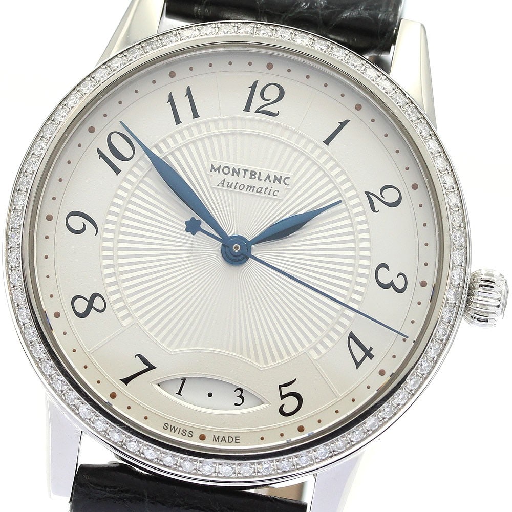 Montblanc Boheme 114734 Womens Automatic Date Watch Diamond Bezel: Montblanc Boheme 114734 Womens Automatic Date Watch Diamond Bezel Pre-owned Montblanc Boheme women's automatic wristwatch with date display. This watch features a silver dial, stainless steel case, le