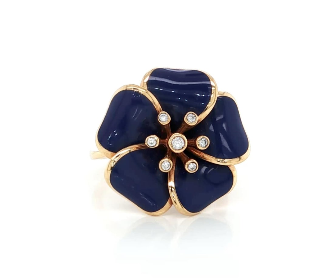Rosato Enamel Floral Statement Ring 18k Rose Gold Diamond Size 6.5: Rosato Enamel Floral Statement Ring 18k Rose Gold Diamond Size 6.5 Pre-owned Rosato floral statement ring crafted in 18k rose gold with purple enamel. This sculptural flower design features a natural 