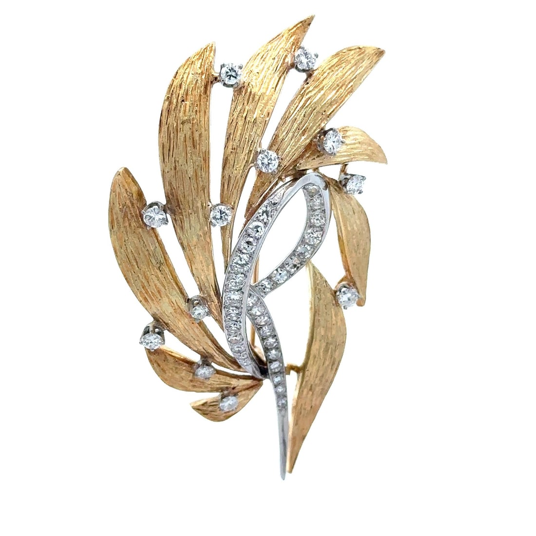 18k Yellow Gold Leaf Diamond Brooch 1ctw Textured Polished Pin (1 of 8)