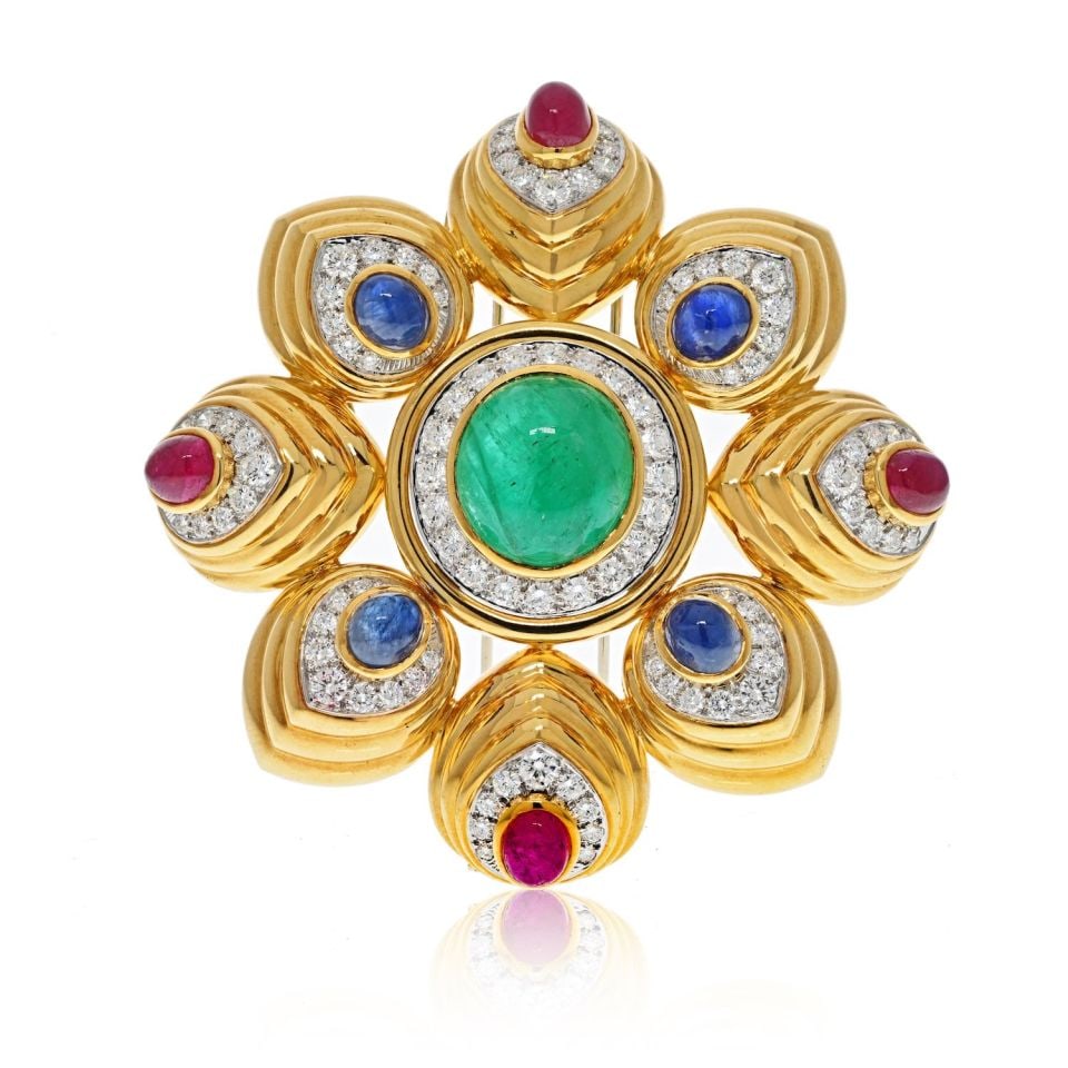 David Webb Platinum 18K Yellow Gold Gemstone Diamond Maltese Brooch Pendant: David Webb Platinum 18K Yellow Gold Gemstone Diamond Maltese Brooch Pendant Discover the exquisite craftsmanship of this David Webb brooch, expertly crafted in a combination of Platinum and 18K Yellow