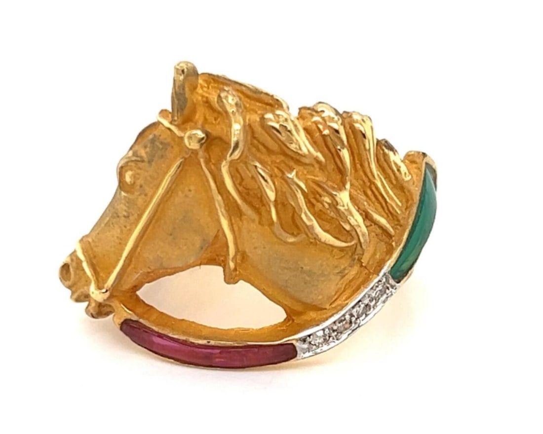 Unbranded Horse Head Statement Ring 14k Two Tone Gold Enamel Diamond Size 8.5: Unbranded Horse Head Statement Ring 14k Two Tone Gold Enamel Diamond Size 8.5 Vintage/estate horse head statement ring crafted in 14k two-tone gold with enamel accents and natural diamond detailing. T