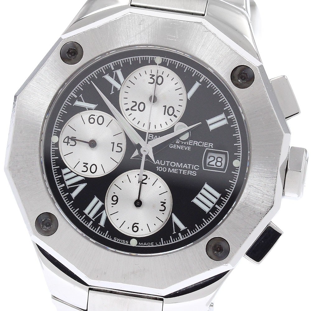 Baume Mercier Riviera 65541 M0A08594 mens automatic chronograph watch: Baume Mercier Riviera 65541 M0A08594 mens automatic chronograph watch Pre-owned Baume & Mercier Riviera men's wristwatch with automatic movement, stainless steel case and bracelet, and black dial. It 