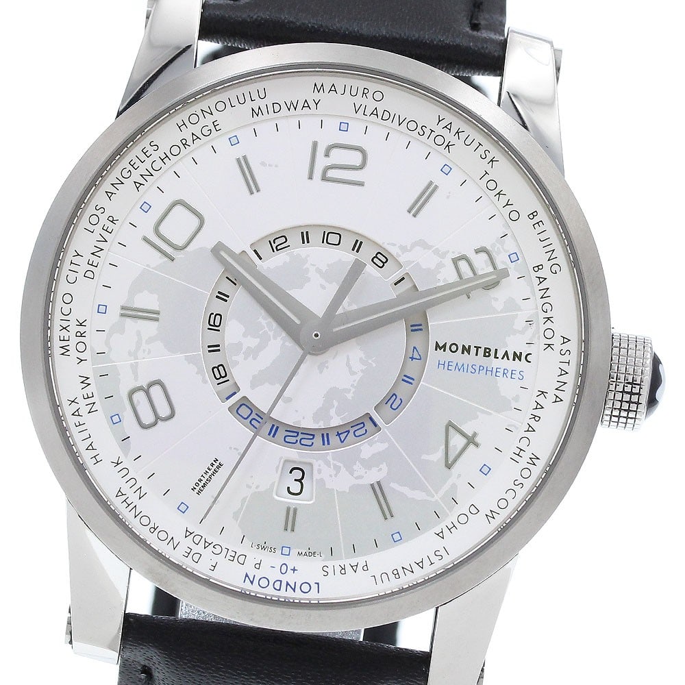 Montblanc Timewalker 7253 108955 Mens GMT Automatic Wristwatch: Montblanc Timewalker 7253 108955 Mens GMT Automatic Wristwatch Pre-owned Montblanc TimeWalker World Time men's wristwatch with automatic movement and a silver dial. This watch features date and GMT fu