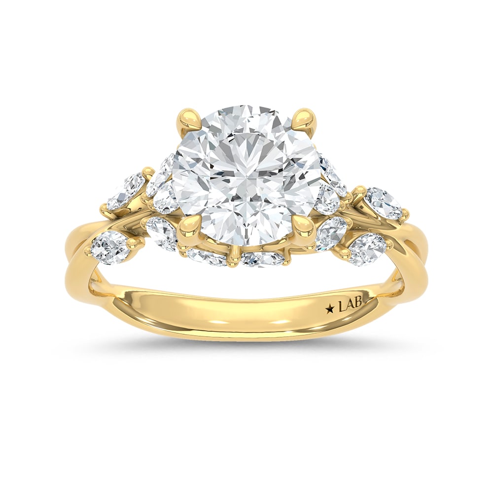 14K Yellow Gold Lab Grown Diamond 2 3/8 Ct.Tw. Marquise Shank Engagement Ring with Round Center: 14K Yellow Gold Lab Grown Diamond 2 3/8 Ct.Tw. Marquise Shank Engagement Ring with Round Center 14k Yellow Gold Stone Color: D-f Stone Clarity: Vs Each ring is presented in standard size 6.5. Complime
