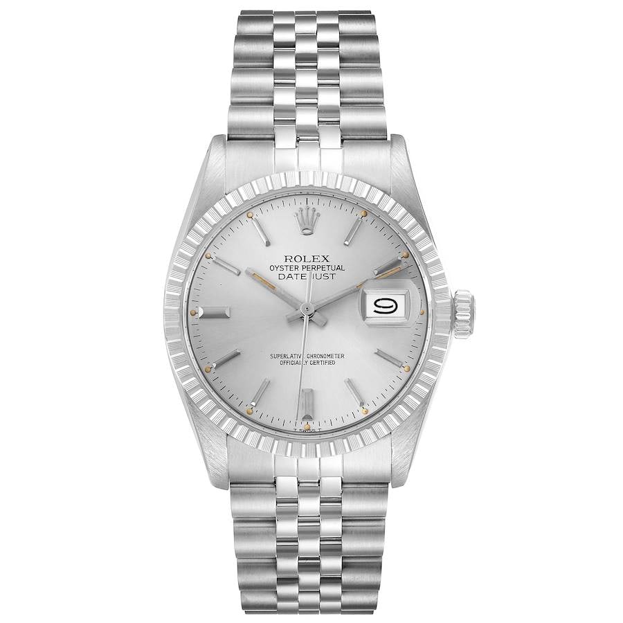 Rolex 16030 Datejust mens watch with silver stick dial Jubilee bracelet: Rolex 16030 Datejust mens watch with silver stick dial Jubilee bracelet Rolex Datejust wristwatch featuring a silver stick dial, engine turned bezel, and D-Link Jubilee bracelet. This men's watch is i