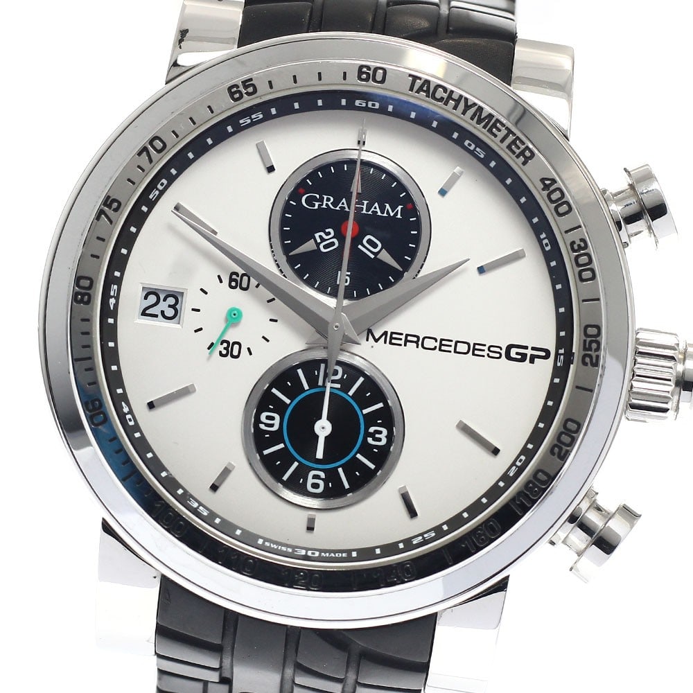 GRAHAM Silverstone Mercedes GP Automatic Chronograph Mens Watch 2MEBS.S02A: GRAHAM Silverstone Mercedes GP Automatic Chronograph Mens Watch 2MEBS.S02A Pre-owned GRAHAM Silverstone Mercedes GP Day Chronograph automatic wristwatch for men. This Swiss-made watch features a silve