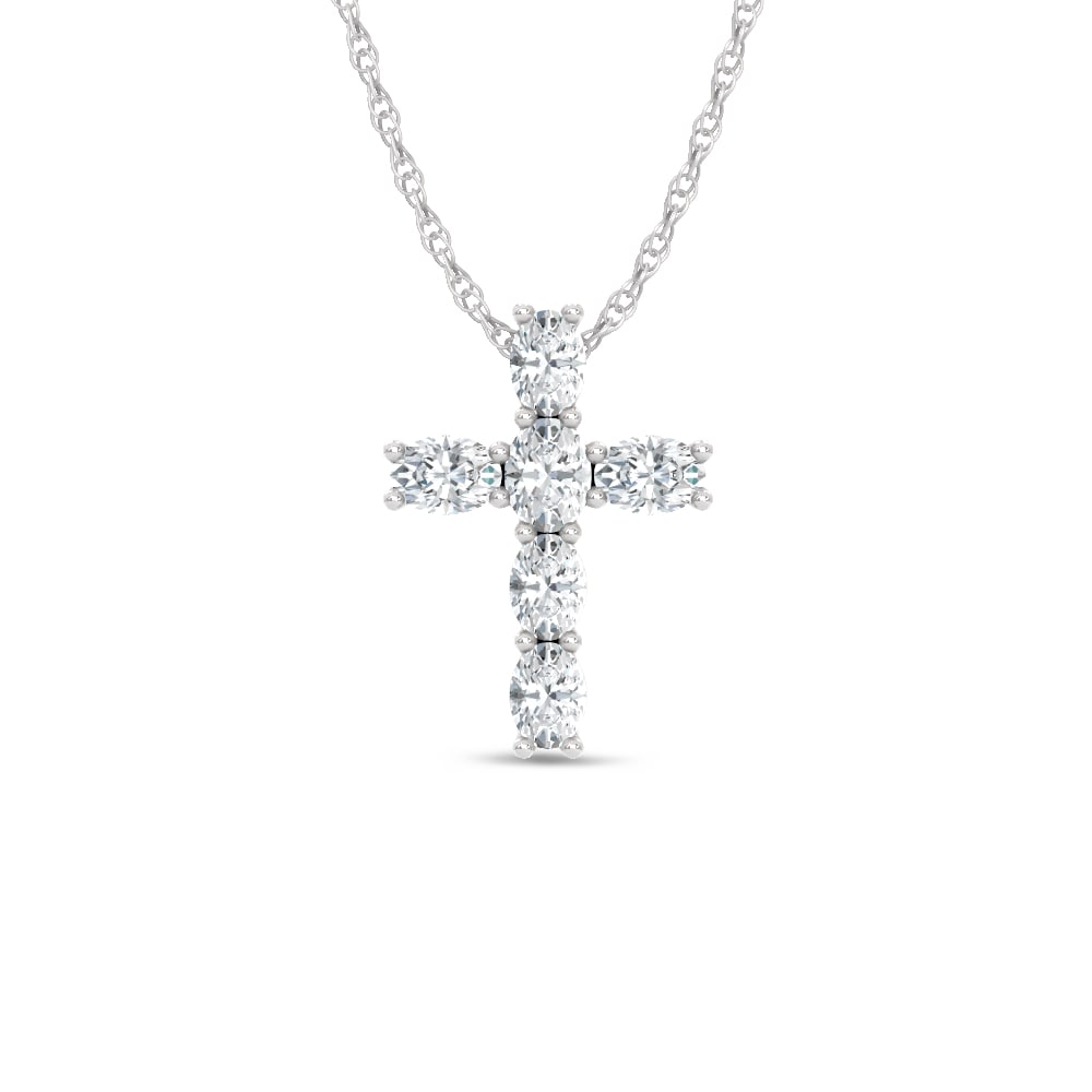 14K White Gold Lab Grown Oval Shape Diamond 1 Ct.Tw. Cross Pendant: 14K White Gold Lab Grown Oval Shape Diamond 1 Ct.Tw. Cross Pendant Polished 14K white gold frames oval-shaped lab-grown diamonds totaling 1 carat total weight in this elegant cross pendant. 14k White 