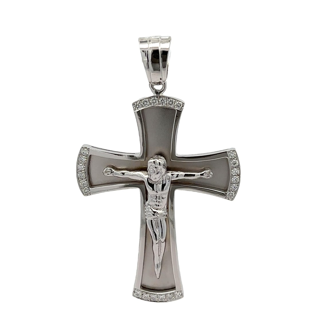 Large 14k White Gold Diamond Cross Pendant 0.61ctw Matte Polished Finish: Large 14k White Gold Diamond Cross Pendant 0.61ctw Matte Polished Finish This stunning large cross pendant showcases a beautiful combination of matte and polished finishes, crafted from 14k solid whit