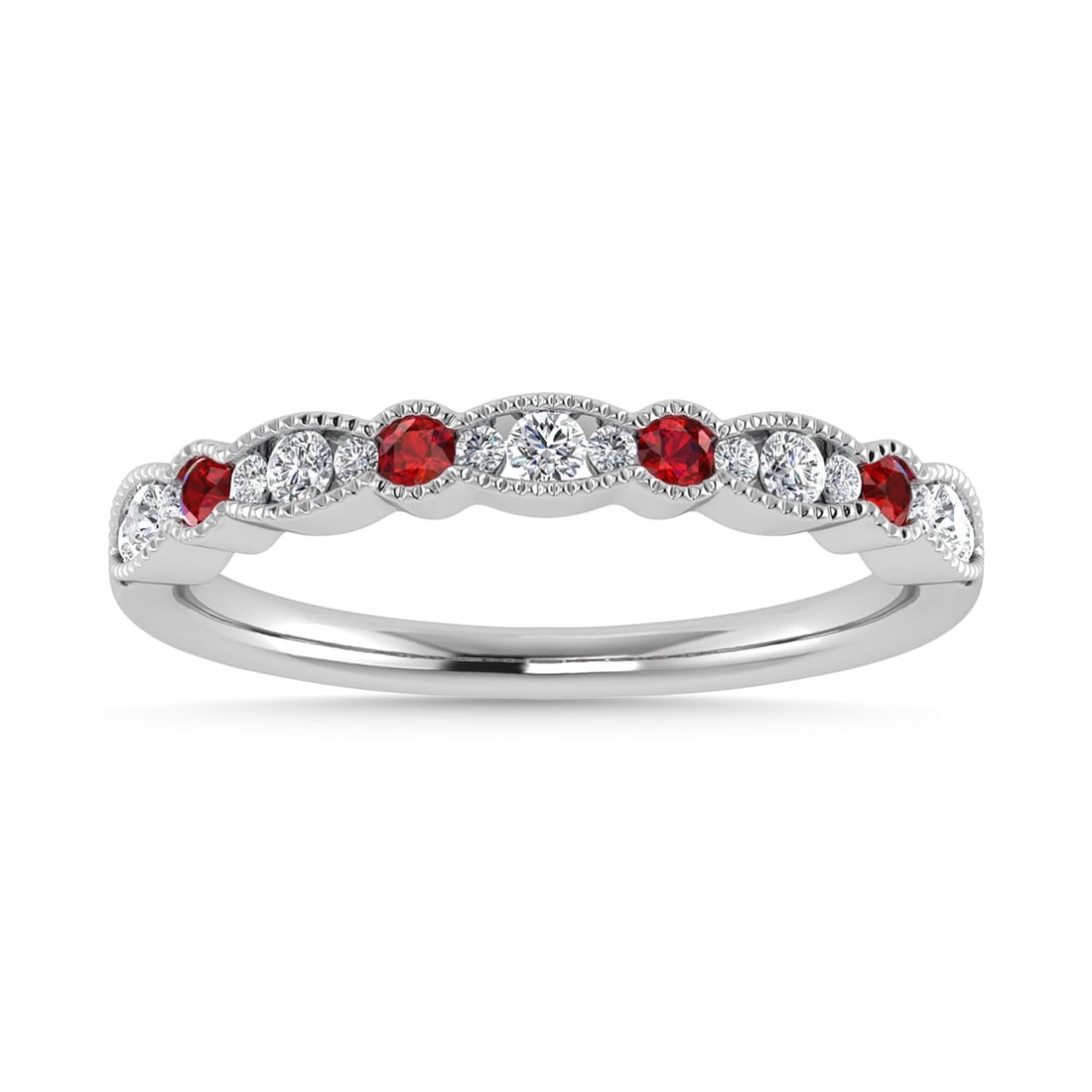 Diamond 1/4 Ct.Tw. And Ruby Band in 14K White Gold: Diamond 1/4 Ct.Tw. And Ruby Band in 14K White Gold 14k White Gold Stone Color: G-h Stone Clarity: I1 Each ring is presented in standard size 6.5. Complimentary resizing is available between sizes 510 