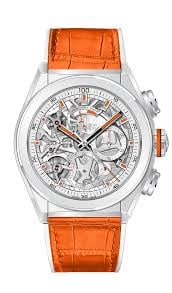 Zenith Defy El Primero 21 Skeleton Dial Leather Strap Ref 49.9003.9004: Zenith Defy El Primero 21 Skeleton Dial Leather Strap Ref 49.9003.9004 This Zenith Defy El Primero 21 features a distinctive skeleton dial, allowing a view of the intricate movement within. The watch 