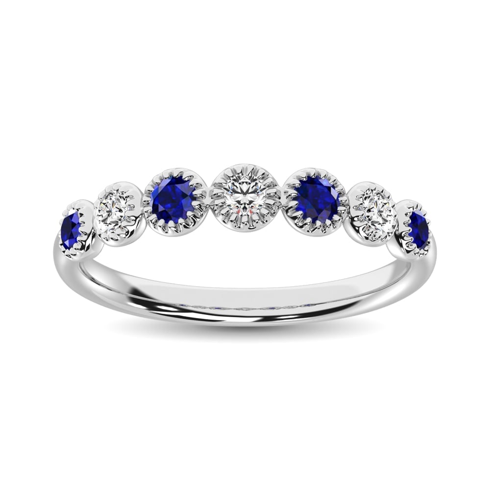 Diamond 1/5 Ct.Tw. And Blue Sapphire Stack Band in 14K White Gold ( 3 Diamond and 4 Blue Sapphire ): Diamond 1/5 Ct.Tw. And Blue Sapphire Stack Band in 14K White Gold ( 3 Diamond and 4 Blue Sapphire ) 14k White Gold Stone Color: G-h Stone Clarity: I1 Each ring is presented in standard size 6.5. Compl