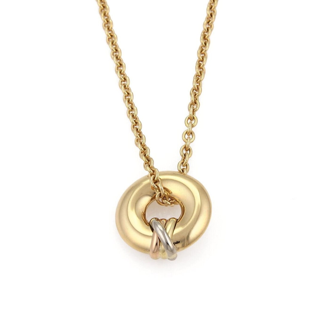 Cartier Trinity Circular Pendant Necklace in 18k Tri Color Gold: Cartier Trinity Circular Pendant Necklace in 18k Tri Color Gold Pre-owned Cartier Trinity circular pendant necklace from the Trinity collection, crafted in 18k yellow, rose, and white gold. The design