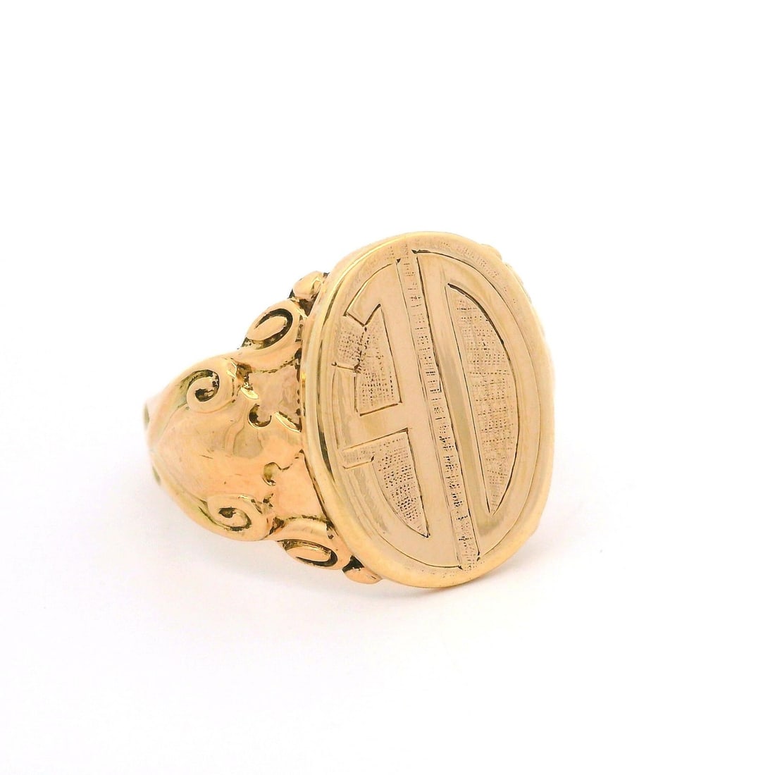 Antique 9k Yellow Gold Polished Signet Ring with Repousse Work (1 of 9)