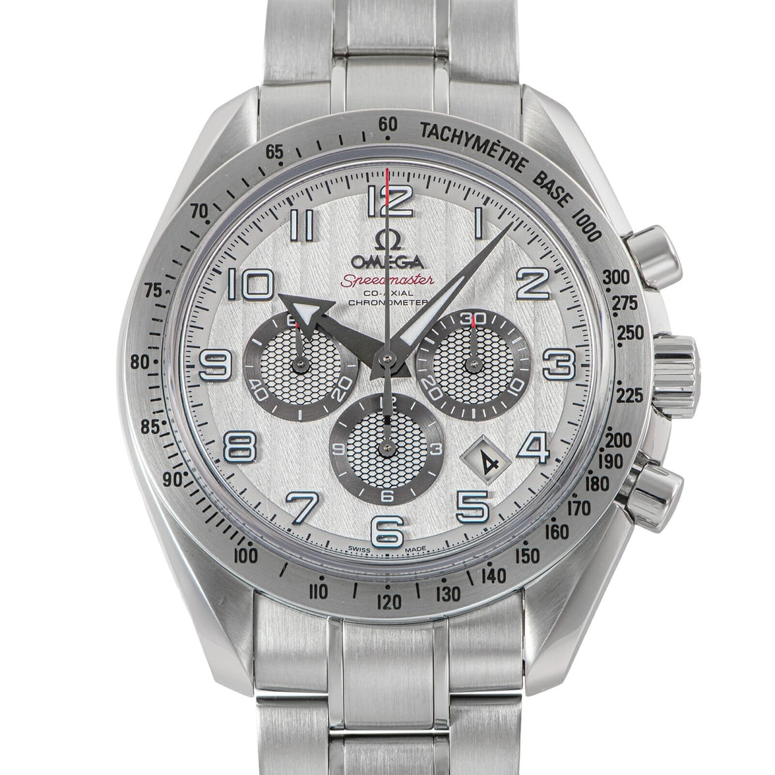 OMEGA 321.10.44.50.02.001 Speedmaster Broad Arrow wristwatch for men: OMEGA 321.10.44.50.02.001 Speedmaster Broad Arrow wristwatch for men Pre-owned OMEGA Speedmaster Broad Arrow men's wristwatch with a stainless steel case and silver dial. The dial features vertically 
