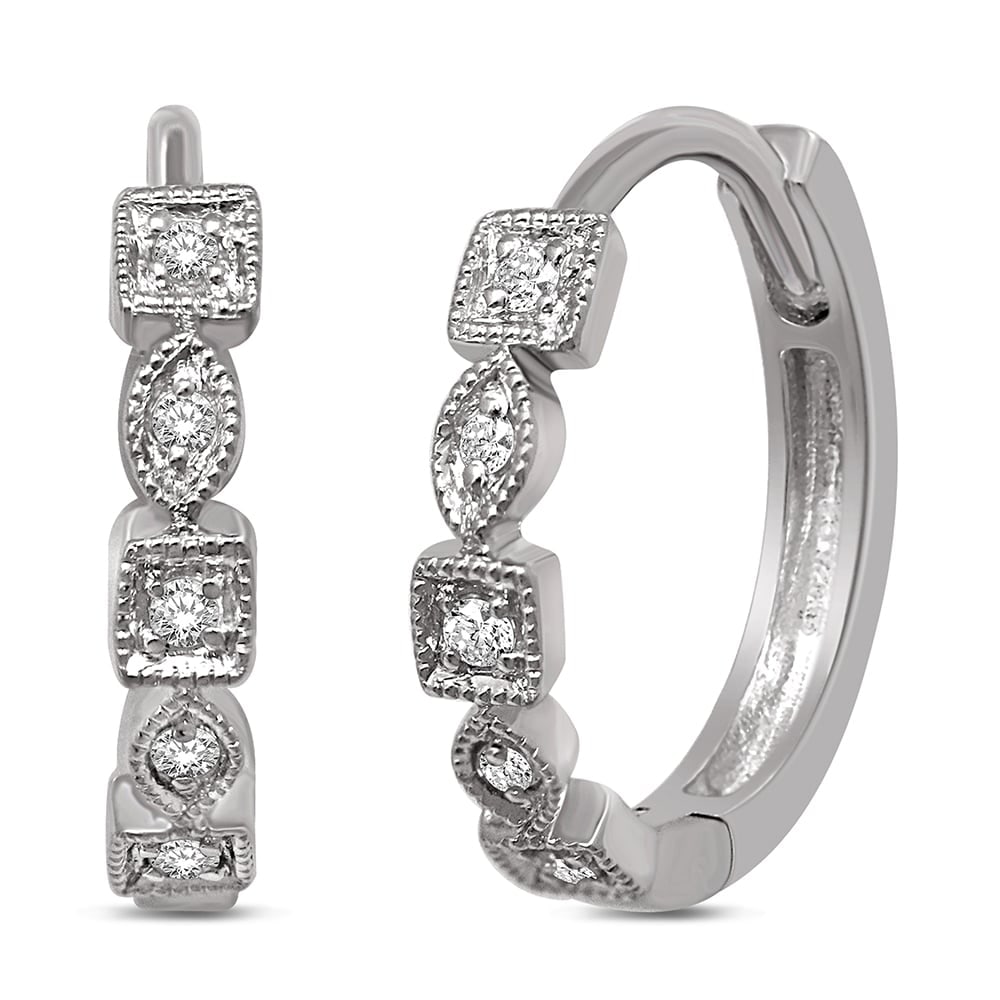 14K White Gold 1/8 Ct.Tw. Diamond Stackable Hoop Earrings: 14K White Gold 1/8 Ct.Tw. Diamond Stackable Hoop Earrings Created in 14K white gold each Earrings features marquise and square frame designs. These hoop Earrings delight with 1/8 ct. t.w. of diamonds 