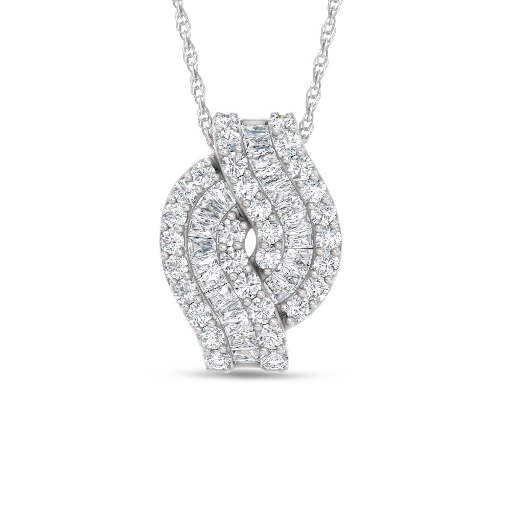 14K White Gold Lab Grown Diamond 1 3/8 Ct.Tw. Roud and Tapper Fashion Pendant: 14K White Gold Lab Grown Diamond 1 3/8 Ct.Tw. Roud and Tapper Fashion Pendant Polished 14K white gold highlights round and tapered lab-grown diamonds totaling 1 3/8 carat total weight in this elegant 