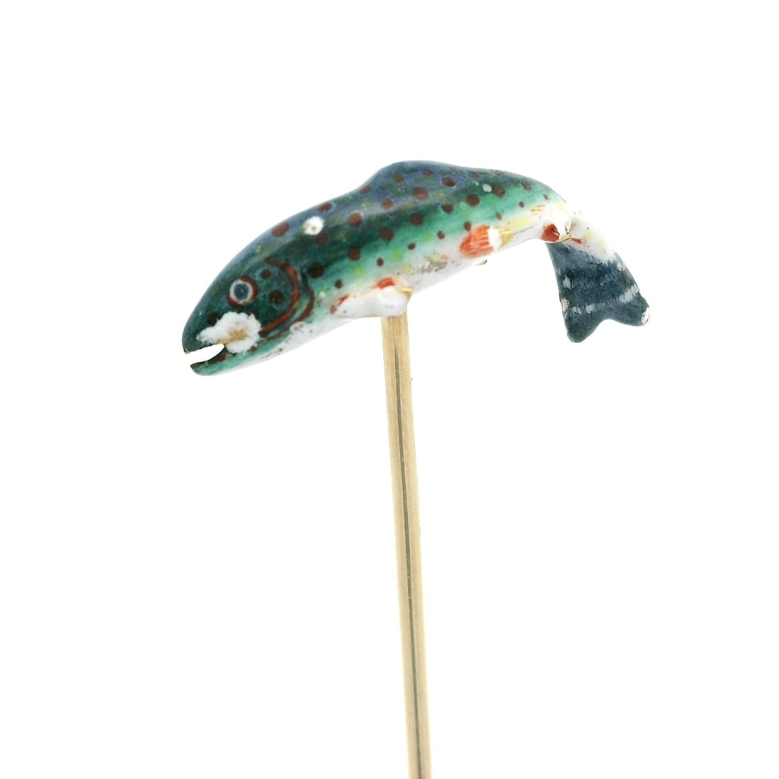 Vintage 14k Yellow Gold Trout Fish Stick Pin with Colorful Enamel: Vintage 14k Yellow Gold Trout Fish Stick Pin with Colorful Enamel This vintage collectible trout fish stick pin features intricate colorful enamel work set in solid 14k yellow gold. Weighing 6.10 gram
