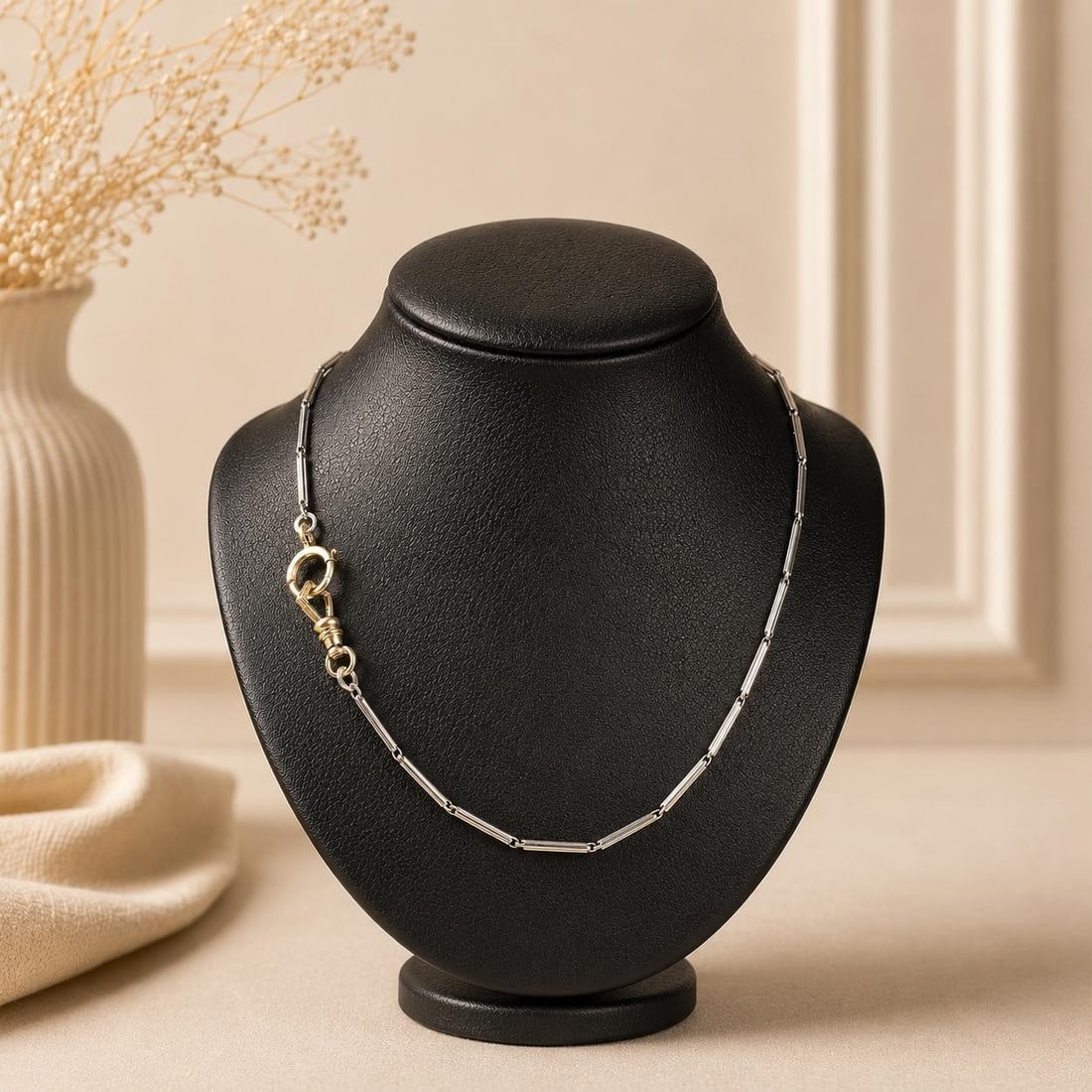 Kreisler 14k Platinum Bar Link Watch Chain Necklace 14 Inch Dog Clasp: Kreisler 14k Platinum Bar Link Watch Chain Necklace 14 Inch Dog Clasp This Kreisler bar watch chain necklace features a solid platinum construction with 14k yellow gold clasps. Measuring 14 inches in 
