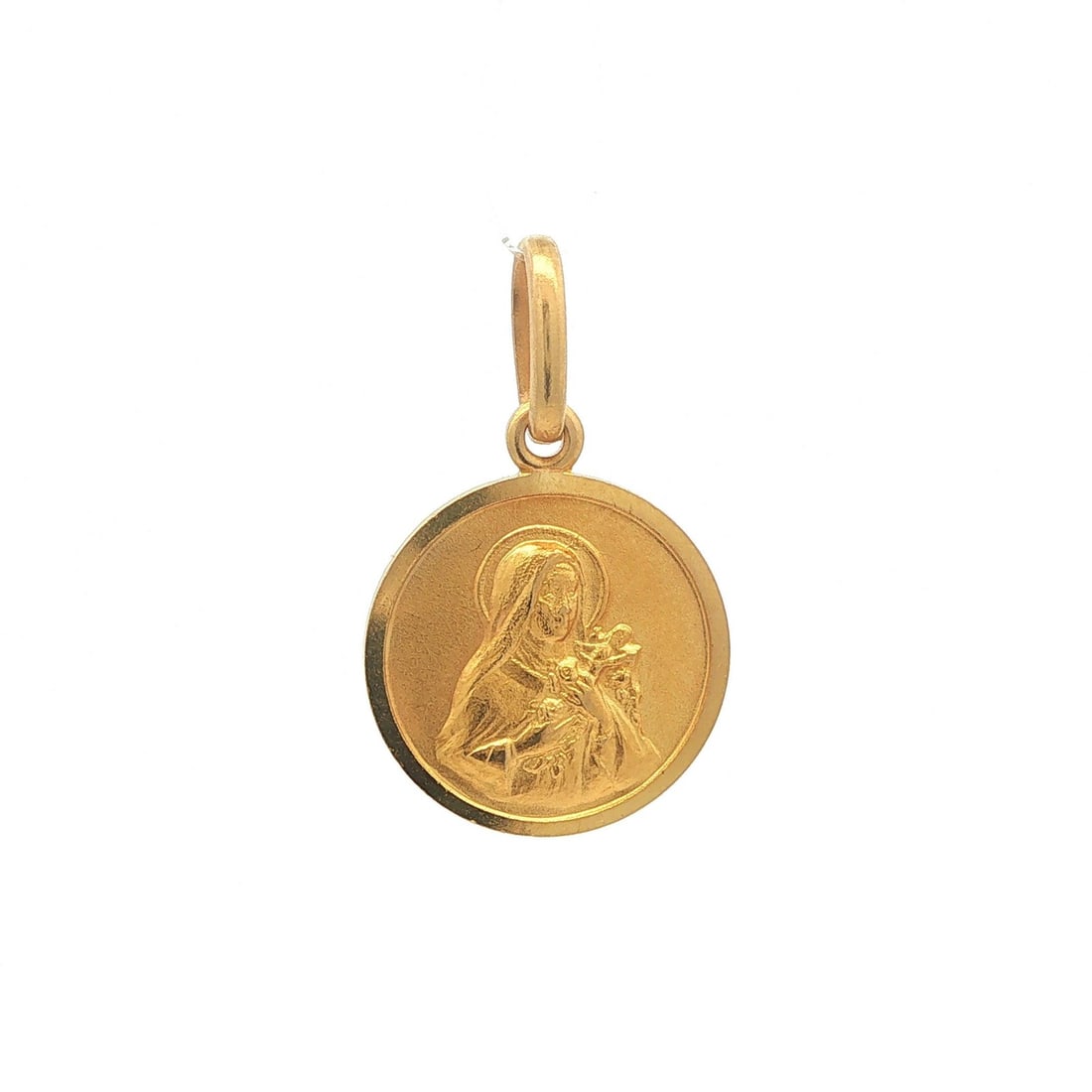 Saint Therese 18k Yellow Gold Italian Charm Medallion Pendant: Saint Therese 18k Yellow Gold Italian Charm Medallion Pendant Vintage Saint Therese medallion charm pendant crafted in solid 18k yellow gold. This Italian-made piece has a classic devotional design an