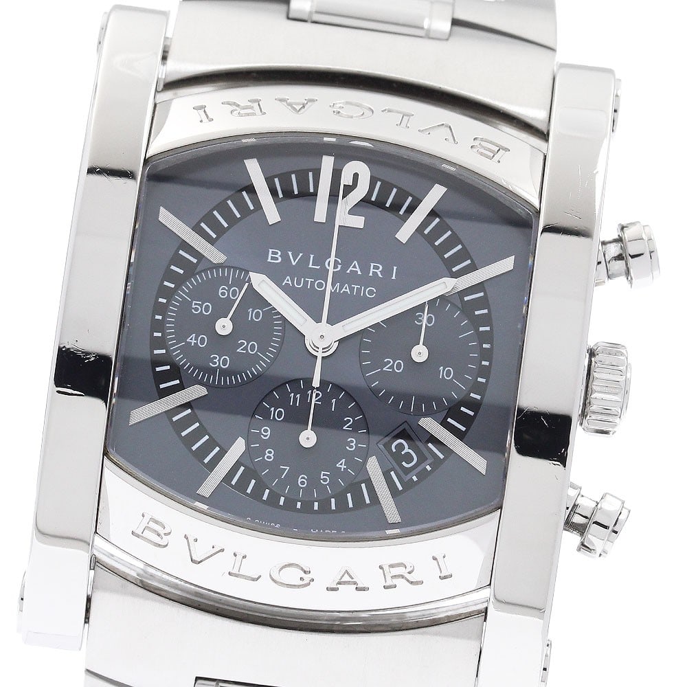 BVLGARI Assioma AA44SCH mens automatic chronograph watch with date: BVLGARI Assioma AA44SCH mens automatic chronograph watch with date Pre-owned BVLGARI Assioma men's wristwatch with automatic movement and chronograph functionality. This stainless steel watch features